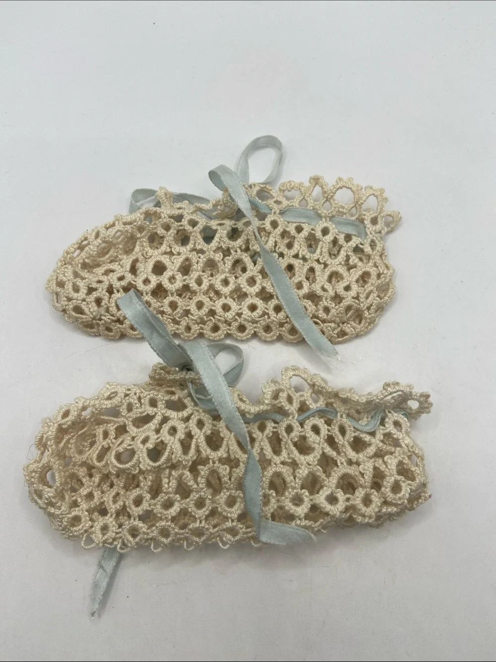 Vintage Handmade Crocheted Tatted Lace Baby Booties Cream/Ivory With Blue Ribbon